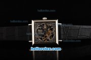 Patek Philippe Quadrate Skeleton Manual Winding Movement with White Bezel and Black Leather Strap