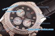 Rolex Daytona Swiss Valjoux 7750-SHG Automatic Diamond Case/Bezel - Black Dial and Black Leather Strap