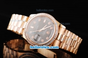 Rolex Day-Date Swiss ETA 2836 Automatic Movement Full Rose Gold Case/Strap with Black Dial and Diamond Bezel/Hour Marker