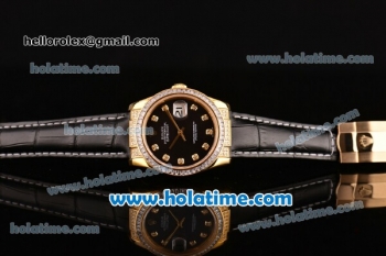 Rolex Datejust Asia Automatic Yellow Gold/Diamond Case with Black Leather Strap Diamond Bezel and Black Dial