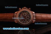 Rolex Daytona Chronograph Miyota Quartz Movement Double Row Diamond Bezel with Brown Dial and Roman Numerals- Brown Leather Strap