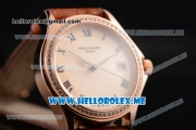 Patek Philippe Calatrava Miyota 9015 Automatic Rose Gold Case with Rose Gold Dial Brown Leather Strap and Roman Numeral Markers Diamonds Bezel