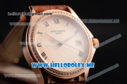 Patek Philippe Calatrava Miyota 9015 Automatic Rose Gold Case with Rose Gold Dial Brown Leather Strap and Roman Numeral Markers Diamonds Bezel