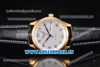 Longines Master Day Date Swiss ETA 2824 Automatic Yellow Gold Case with White Dial Black Leather Strap and Arabic Numeral Markers