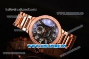 Cartier Rotonde De Miyota Quartz Rose Gold Case/Bracelet with Diamonds Bezel Black Dial and White Roman Numeral Markers