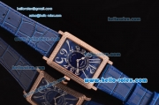 Franck Muller Long Island Swiss Quartz Rose Gold Case Diamond Bezel with Blue Leather Strap and Blue Dial