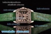 Cartier Santos 100 Medium Japanese Miyota OS2035 Quartz Steel Case with Green Leather Strap Diamond Bezel and White Dial