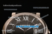 Cartier Rotonde De Miyota Quartz Steel Case with Black Dial Roman Numeral Markers and Black Leather Strap