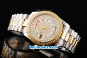 Rolex Day-Date Automatic Movement Diamond Dial with Gold/Diamond Bezel and Black Roman Numeral Marker-Two Tone Strap