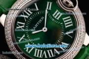 Cartier Ballon Bleu Swiss Quartz Stainless Steel Case with Green Leather Strap Diamond Bezel and Green Dial