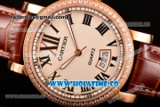Cartier Rotonde De Miyota Quartz Rose Gold Case with White Dial Diamonds Bezel and Roman Numeral Markers