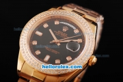 Rolex Day Date II Automatic Movement Full Rose Gold with Double Row Diamond Bezel-Diamond Markers and Black Dial