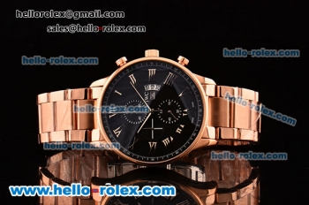 IWC Portuguese Chrono Japanese Miyota OS10 Quartz Rose Gold Case with Roman Markers Black Dial and Rose Gold Strap