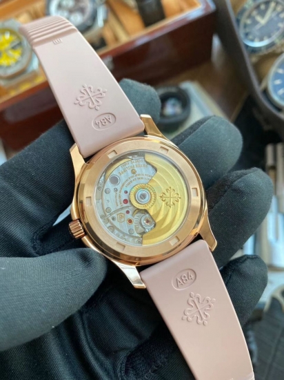 PPF most beautiful bean paste color high imitation rose gold diamond Patek Philippe AQUANAUT women's watch 5072R-001 watch - Click Image to Close