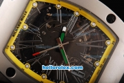 Richard Mille RM 005 Automatic Movement Silver Case with Yellow Border and Silver Rome Numeral Marker-Black Leather Strap