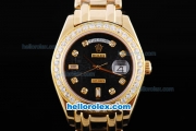 Rolex Day-Date Oyster Perpetual Chronometer Automatic Diamond Bezel with Full Gold Case and Strap- Black Dial with Rolex Logo-Diamond Marking