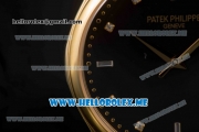 Patek Philippe Calatrava Miyota Quartz Yellow Gold Case with Black Dial and Black Leather Strap Diamonds Markers