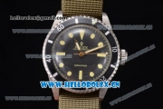 Rolex Submariner Vintage Asia 2813 Automatic Steel Case with Black Dial Army Green Nylon Strap and Dot Markers