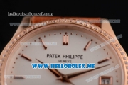 Patek Philippe Calatrava Miyota 9015 Automatic Rose Gold Case with White Dial Brown Leather Strap and Stick Markers Diamonds Bezel