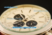 Breitling Transocean Chronograph Quartz Steel Case with White Dial and Silver Markers-Brown Leather Strap