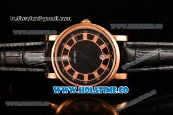 Cartier Rotonde De Miyota Quartz Rose Gold Case with Diamonds Markers Black Dial and Black Leather Strap