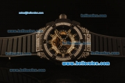 Hublot King Power Swiss Valjoux 7750 Automatic PVD Case with Diamond Bezel and Skeleton Dial-Black Rubber Strap