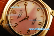 Rolex Cellini Swiss Quartz Yellow Gold Case with Pink MOP Dial and Brown Leather Strap-Numeral Markers