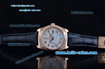 Rolex Sky-Dweller Asia 2813 Automatic Rose Gold Case with Black Leather Strap and White Dial Roman Markers