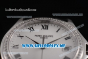 Patek Philippe Calatrava Miyota 9015 Automatic Steel Case with White Dial Black Leather Strap and Roman Numeral Markers Diamonds Bezel