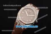 Audemars Piguet Royal Oak Lady Swiss Quartz Steel/Diamonds Case with Grey Dial and Brown Leather Strap (EF)