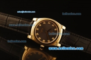 Rolex Cellini Swiss Quartz Yellow Gold Case with Brown Dial and Black Leather Strap-Diamond Markers