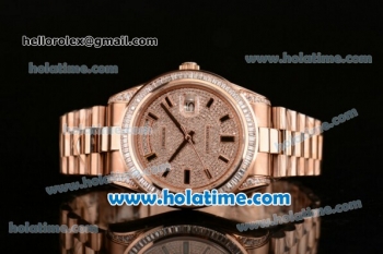 Rolex Day Date II Swiss ETA 2836 Automatic Full Rose Gold with Diamond Dial/Bezel and Black Stick Markers