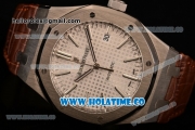 Audemars Piguet Royal Oak 41 MM Clone AP Calibre 3120 Automatic Steel Case with White Dial and Brown Leather Strap - Stick Markers - 1:1 Original (JF)