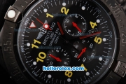 Breitling Avenger Chronograph Quartz Movement PVD Case with Black Dial and Yellow Numeral Marker-Black Leather Strap