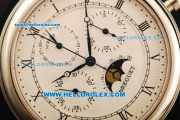 Breguet Moon Phase Lemania Manual Winding Working Chronograph Steel Case with White Dial and Black Leather Strap