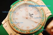 Hublot Big Bang Swiss Quartz Movement Rose Gold Case with Green Diamond Bezel and Green Rubber Strap