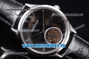 Jaeger-LECoultre Master Ultra Thin Tourbillon Swiss Tourbillon Manual Winding Steel Case with Black MOP Dial Stick Markers and Black Leather Strap