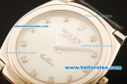 Rolex Cellini Swiss Quartz Steel Case with Grey MOP Dial and Black Leather Strap-Diamond Markers