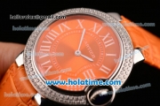 Cartier Ballon Bleu Swiss Quartz Stainless Steel Case with Orange Leather Strap Diamond Bezel and Orange Dial