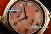 Rolex Cellini Swiss Quartz Steel Case with Pink MOP Dial and Brown Leather Strap