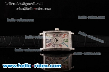 Franck Muller Long Island Color Dreams Swiss Quartz Steel Case Diamond Bezel with Black Leather Strap and White Dial