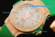 Hublot Big Bang King Swiss Quartz Movement Diamond Case and Bezel with Green Rubber Strap