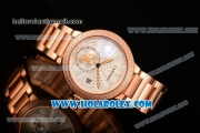 Cartier Rotonde De Miyota Quartz Rose Gold Case/Bracelet with Silver Dial and Diamonds Bezel