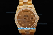 Rolex Day-Date Oyster Perpetual Automatic Full Gold with Diamond Bezel-Diamond Marking and Dark Brown Dial
