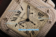Cartier Santos 100 Chronograph Quartz Movement Diamond Case and Bezel with Black Roman Numerals and Brown Leather Strap