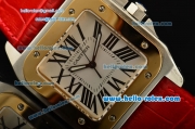 Cartier Santos 100 Medium Swiss Quartz Steel Case Gold Bezel with Red Leather Strap White Dial Roman Markers