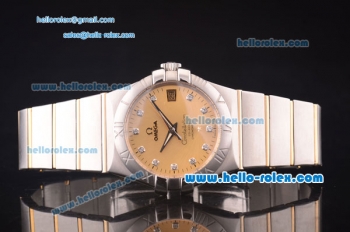 Omega Constellation Swiss ETA 2836 Automatic Full Steel Case with Yellow Dial and Diamond Markers-Two Tone Strap