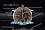 Cartier Ronde De MoonPhase Swiss Tourbillon Manual Winding Steel Case with Skeleton Dial and Black Leather Strap White Inner Bezel