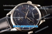 1:1 Jaeger-LECoultre Master Georgraphic Miyota 9015 Automatic Steel Case with Blue Dial Stick Markers and Blue Genuine Leather