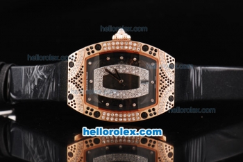 Richard Mille RM007 Automatic Movement Rose Gold Case with Diamond Hour Marker and Diamond Bezel-Black Leather Strap